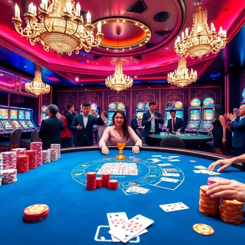 Experience the excitement of nhà cái 789p with vibrant casino scenes featuring poker, roulette, and slot machines.