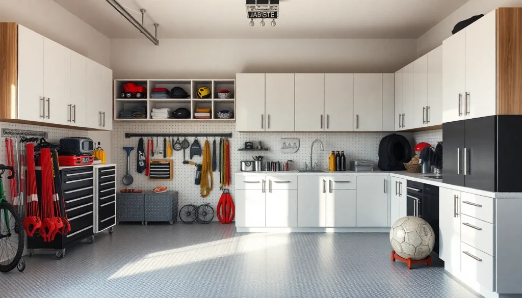 Elegant garage cabinets showcase organized tools and storage, enhancing the workspace's efficiency.