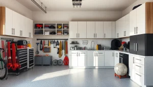 Elegant garage cabinets showcase organized tools and storage, enhancing the workspace's efficiency.
