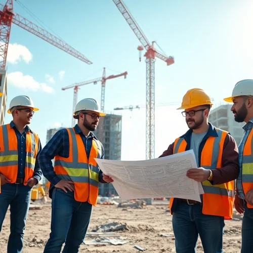 Showcasing Careers in construction, workers in safety gear collaborate on-site with blueprints.