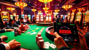 Experience thrilling poker gameplay at RR88 with vibrant chips and glamorous casino ambiance.