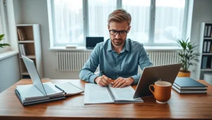 Certified translator (beëdigd vertaler) working in a professional office setting with legal documents.