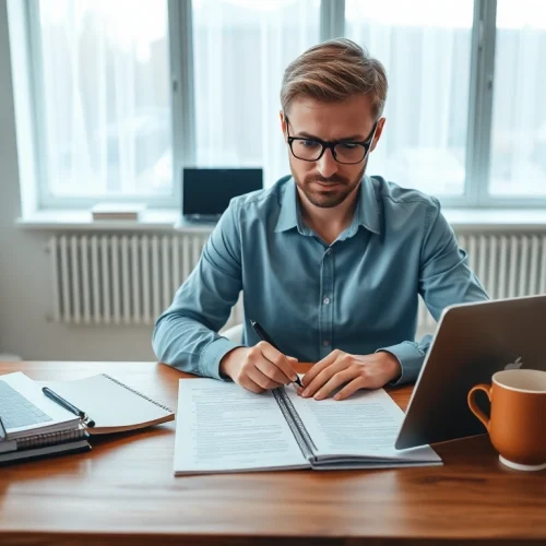 Certified translator (beëdigd vertaler) working in a professional office setting with legal documents.