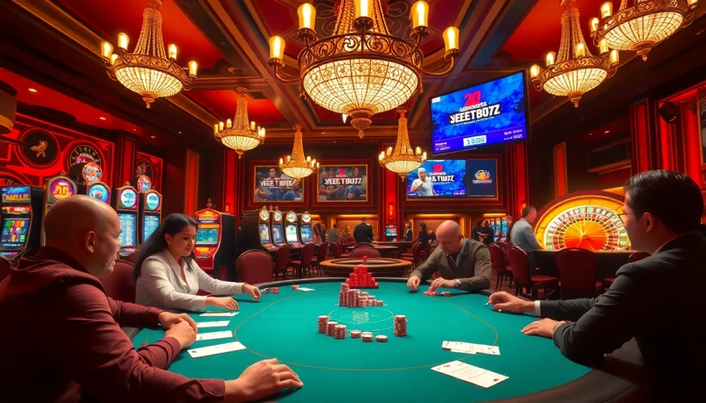 Experience excitement at Jeetbuzz casino with players enjoying poker and roulette in a luxurious setting.