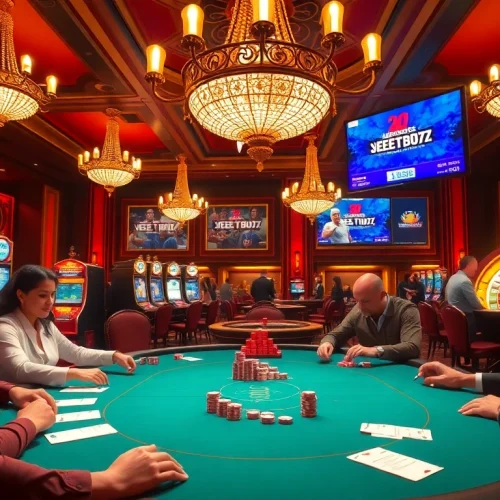 Experience excitement at Jeetbuzz casino with players enjoying poker and roulette in a luxurious setting.