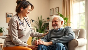Engaging scene of senior care austin tx with a caregiver supporting an elderly person in a cozy home.