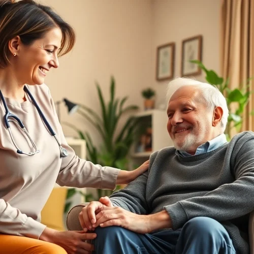 Engaging scene of senior care austin tx with a caregiver supporting an elderly person in a cozy home.