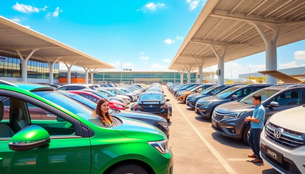 Kuching rent a car with smiling travelers at the airport rental service.