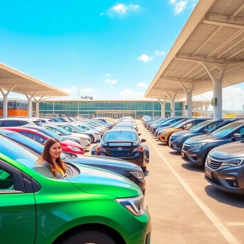 Kuching rent a car with smiling travelers at the airport rental service.