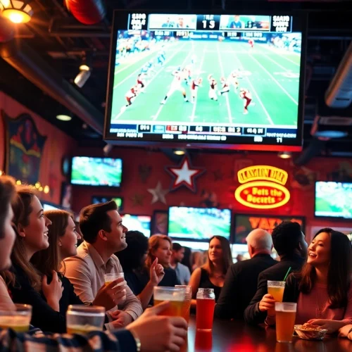 Engaged fans in Texas enjoying sports betting atmosphere with live games.