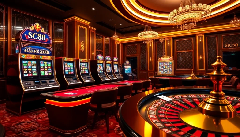 Exciting gaming experience on Trang chủ SC88 with vibrant slot machines and roulette tables
