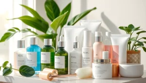 K-beauty-produkter i Sverige visas upp i en ljus, modern visning med lugna färger och naturliga element.