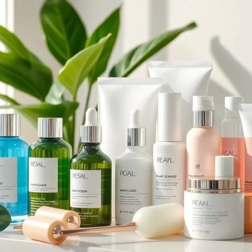 K-beauty-produkter i Sverige visas upp i en ljus, modern visning med lugna färger och naturliga element.