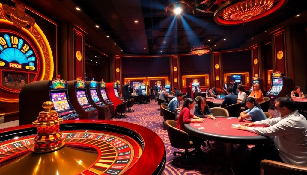 Action-packed gambling scene at Nhà Cái RR88 with a roulette wheel and engaged players.