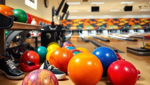 High-quality used bowling equipment on display in a vibrant bowling alley.