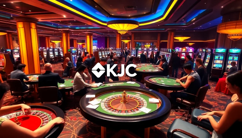 KJC casino players enjoying a thrilling game at a modern roulette table with vibrant lighting.