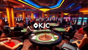 KJC casino players enjoying a thrilling game at a modern roulette table with vibrant lighting.