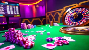 Experience the excitement of F8bet with vibrant casino visuals showcasing chips, cards, and betting odds.