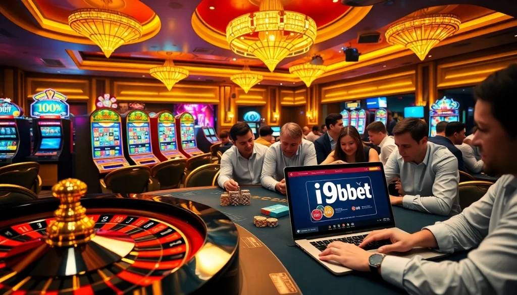 Players enjoying the excitement of i9bet casino with poker chips and roulette wheels.