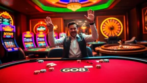 Celebrate a winning moment at GO8 poker table with vibrant chips, cards, and neon slots.