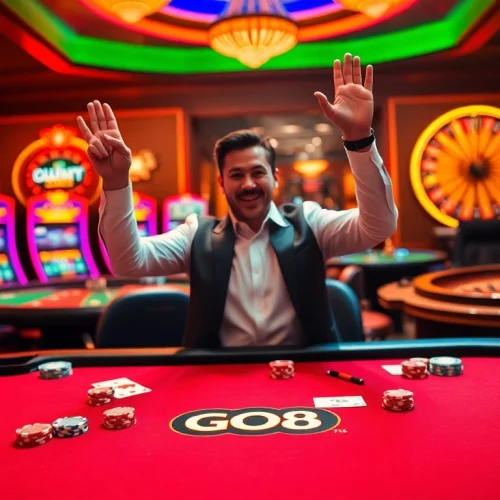 Celebrate a winning moment at GO8 poker table with vibrant chips, cards, and neon slots.