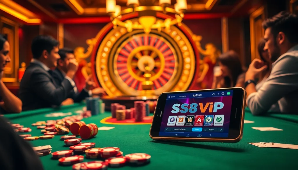 S88vip poker game scene with colorful chips and luxurious casino ambiance.