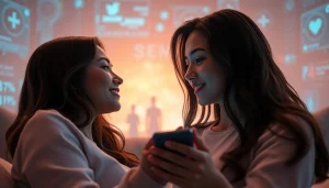 AI sex encounters depicted with futuristic digital intimacy, showcasing human-AI connections.