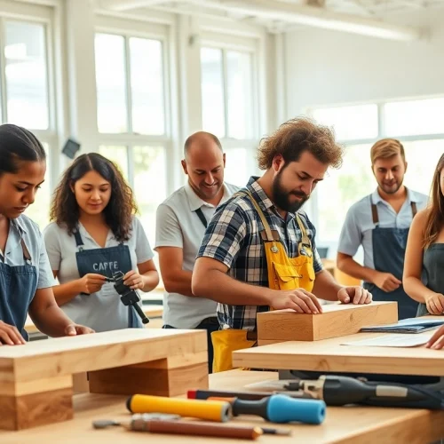 Students practicing skills at hawaii trade schools, focusing on carpentry, plumbing, and electrical work.