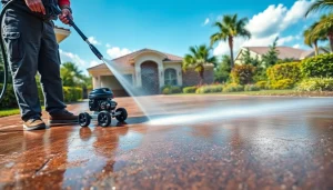 Pressure wash technician cleaning a driveway, showcasing Full Pressure Powerwash services.