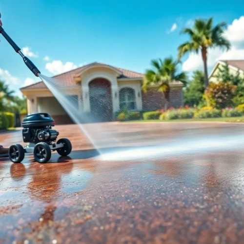 Pressure wash technician cleaning a driveway, showcasing Full Pressure Powerwash services.