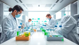 Scientists studying WIN55 cannabinoid in a modern lab environment.