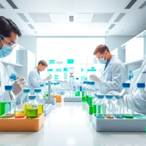 Scientists studying WIN55 cannabinoid in a modern lab environment.