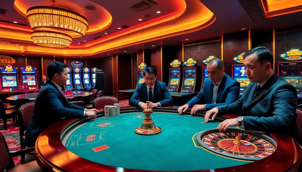 S88VIP players enjoying poker at a luxurious casino table under vibrant lighting.