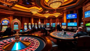 KJC LINK enhancing the excitement at a glamorous casino featuring roulette and poker tables.