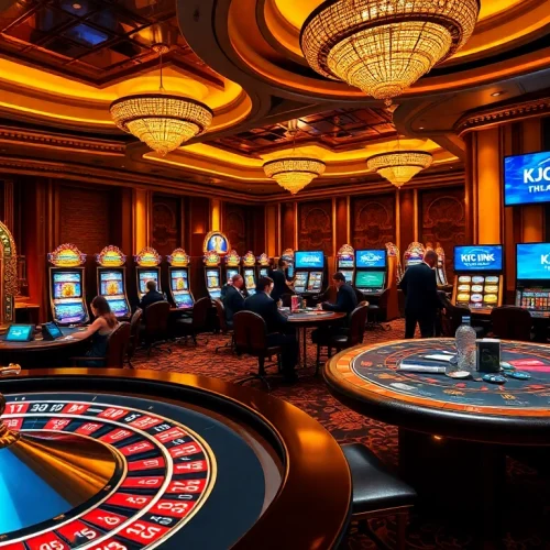 KJC LINK enhancing the excitement at a glamorous casino featuring roulette and poker tables.