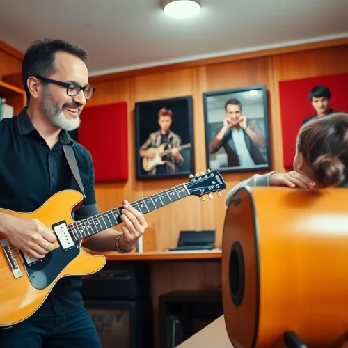 Learn guitar skills with professional guidance at https://guitarlessons.co.uk in a warm music studio.