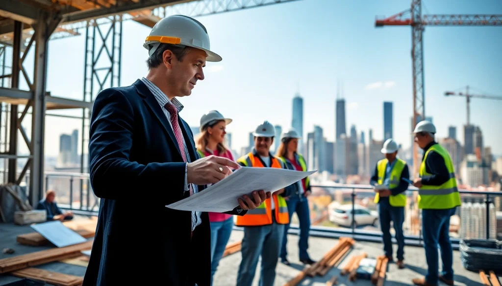 New York Construction Manager overseeing a project with diverse team in urban setting.