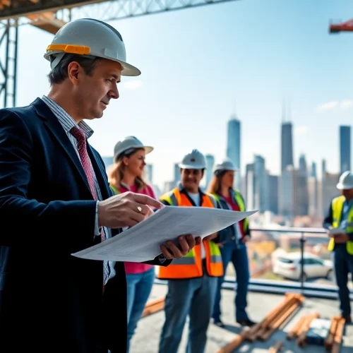 New York Construction Manager overseeing a project with diverse team in urban setting.