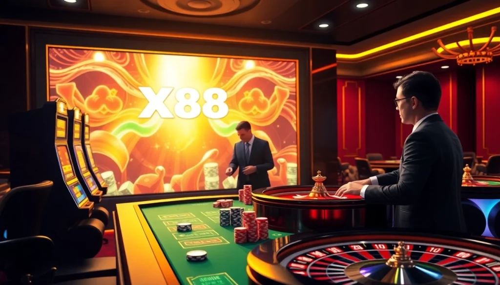 Experience the thrill of winning with XX 88 in a glamorous online casino environment showcasing vibrant games and strategic gameplay.