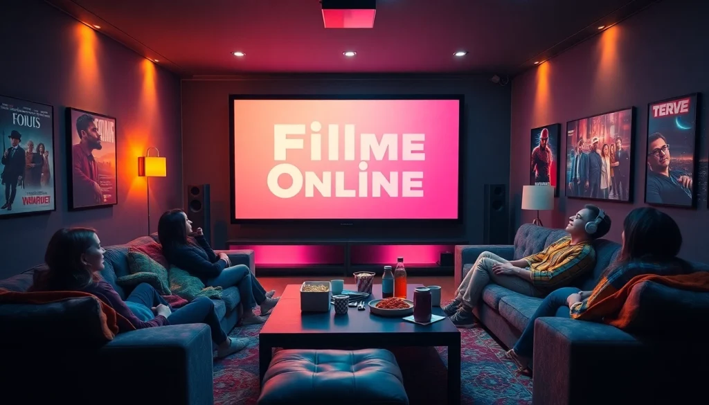 Friends enjoying movie night with Filme Online on the screen.