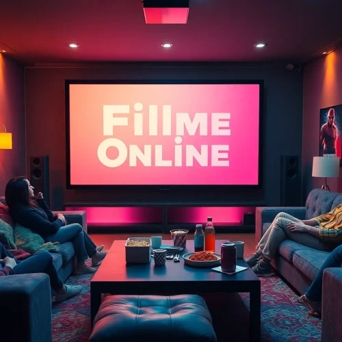Friends enjoying movie night with Filme Online on the screen.