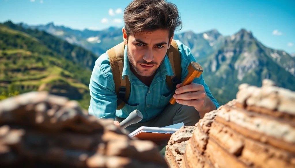 Geologist examining geology rock formations outdoors with tools in hand.