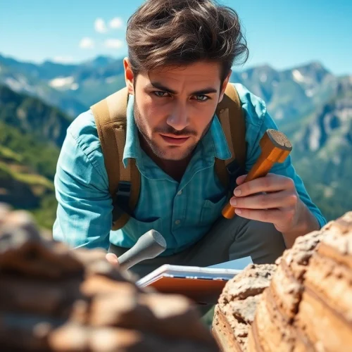Geologist examining geology rock formations outdoors with tools in hand.