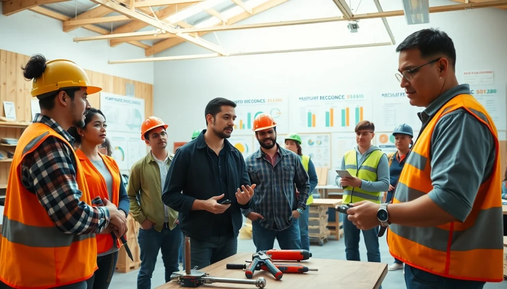 Engaged trainees participating in construction workforce development training in a bright workshop.