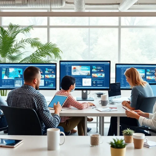 Professional web design team collaborating on innovative solutions, showcasing Thiết kế website.