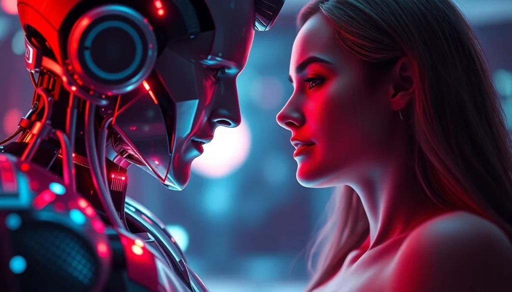 Engaging scene featuring an AI sex bot in a warm, intimate setting, highlighting human interaction and advanced technology.