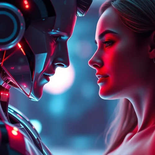 Engaging scene featuring an AI sex bot in a warm, intimate setting, highlighting human interaction and advanced technology.