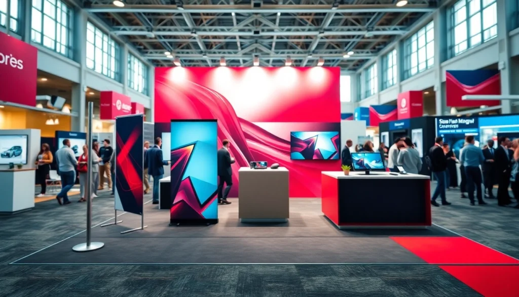 Showcasing a trade show booth with vibrant backlit displays in a busy expo setting.