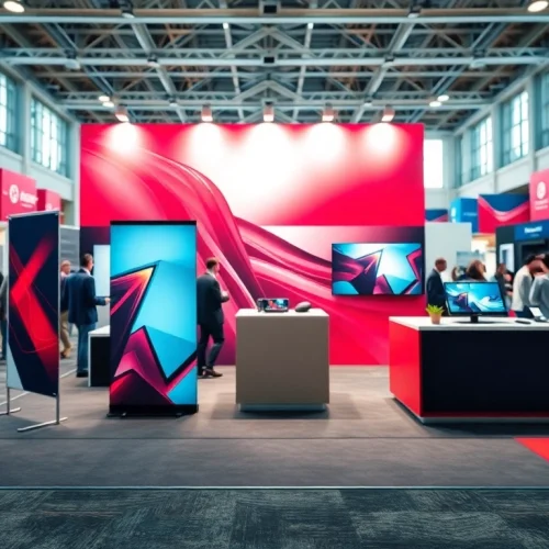 Showcasing a trade show booth with vibrant backlit displays in a busy expo setting.