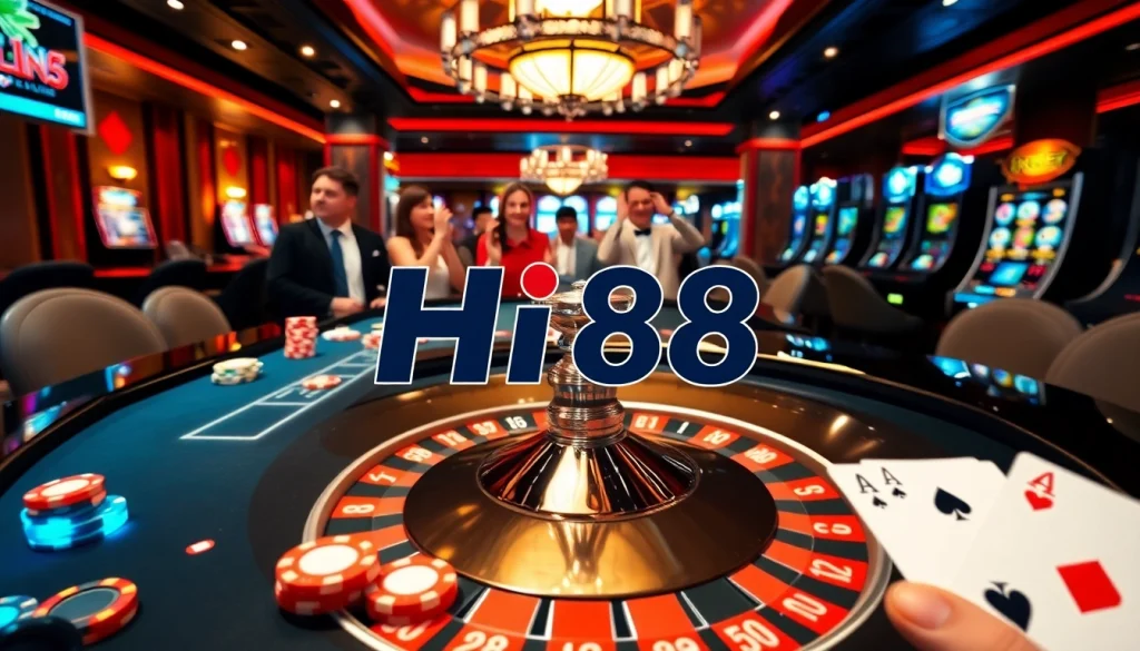 Excited players enjoying a Hi88 casino experience with roulette and blackjack tables.